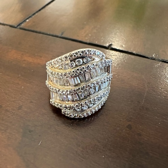 Large Diamonique Cocktail Ring. Baguettes and Rounds Set in Sterling. Size 8. - Picture 6 of 8